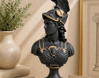 Busto de Atena, vista de perfil, 36 cm, nas cores preto e dourado.
