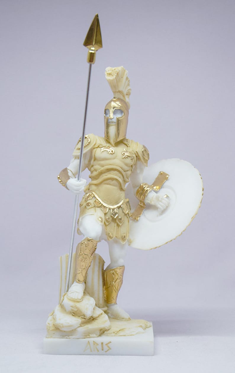 Klasyczna statua Aresa stojącego z włócznią i tarczą, 18 cm, kolor patyny zdjęcie 2
