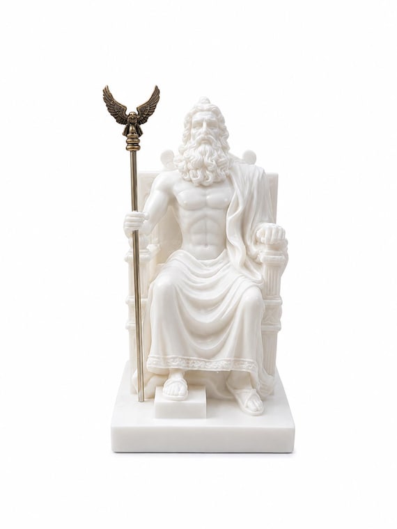 Zeus Sitting on His Throne Statue Olympic God Made of Alabaster