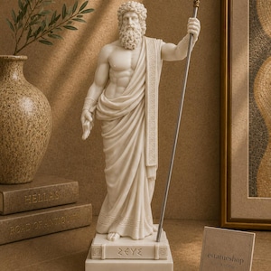 Puede incluir: Una estatua blanca de una figura barbuda con una toga drapeada con un borde de patrón griego. La figura sostiene un bastón alto rematado con un emblema alado de color dorado. La base rectangular presenta el texto griego ZEYE y un diseño.