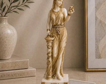 Estátua de Héstia Deusa Grega feita de Alabastro dourado 23cm