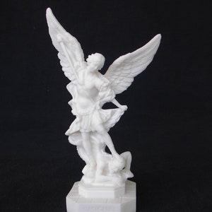 Saint Michael statue tramples Satan made of Alabaster 23cm white