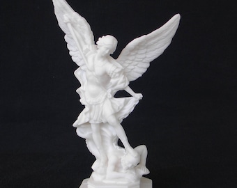 Saint Michael statue tramples Satan made of Alabaster 23cm white