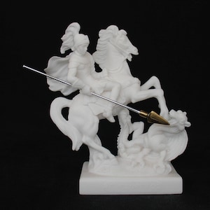 Saint George slays the dragon statue made of Alabaster 18cm white