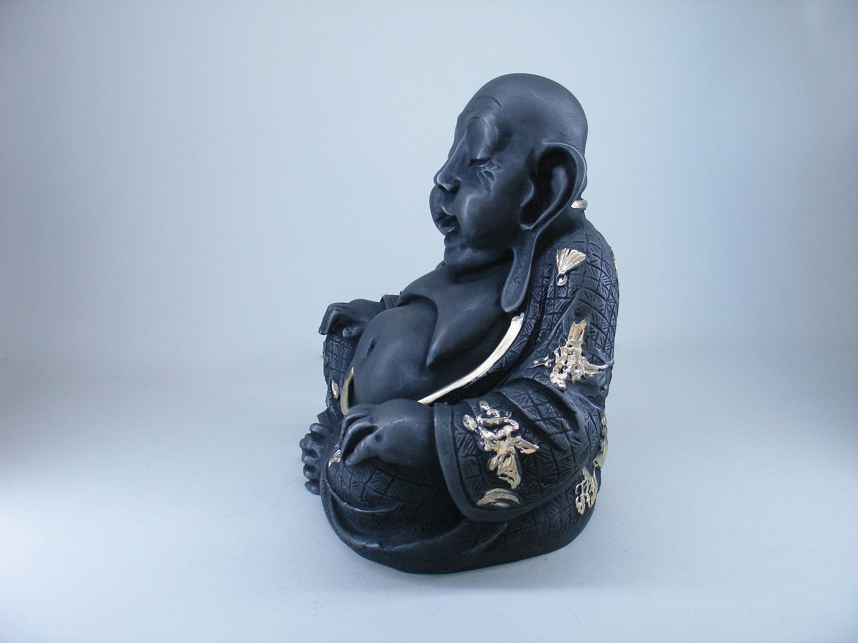 Budai the Laughing Buddha Statue Made of Alabaster 23cm Black Gold