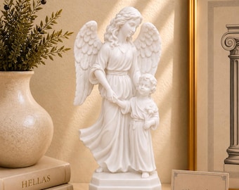 Anjo da Guarda com menina segurando uma flor, 15 cm, branco