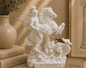 São Jorge mata a estátua do dragão feita de alabastro 18cm branco