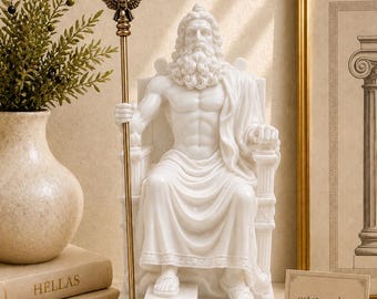 Zeus sentado em seu trono estátua do Deus Olímpico feita de alabastro 12cm branco