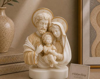 Busto da Sagrada Família em alabastro, 15 cm, com detalhes em ouro.