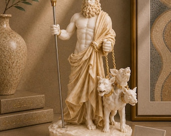 Estátua de Hades com Cérbero feita de alabastro 15 cm de ouro