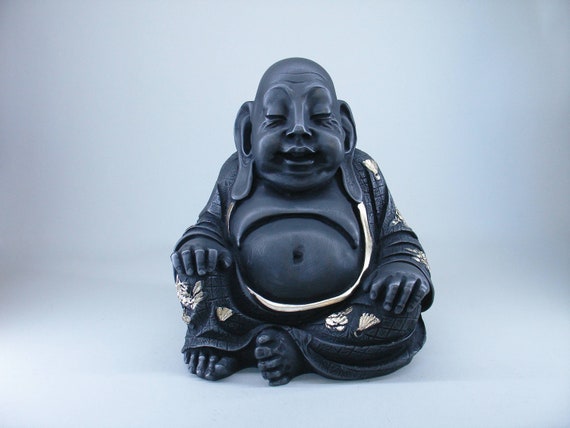 Budai the Laughing Buddha Statue Made of Alabaster 23cm Black Gold