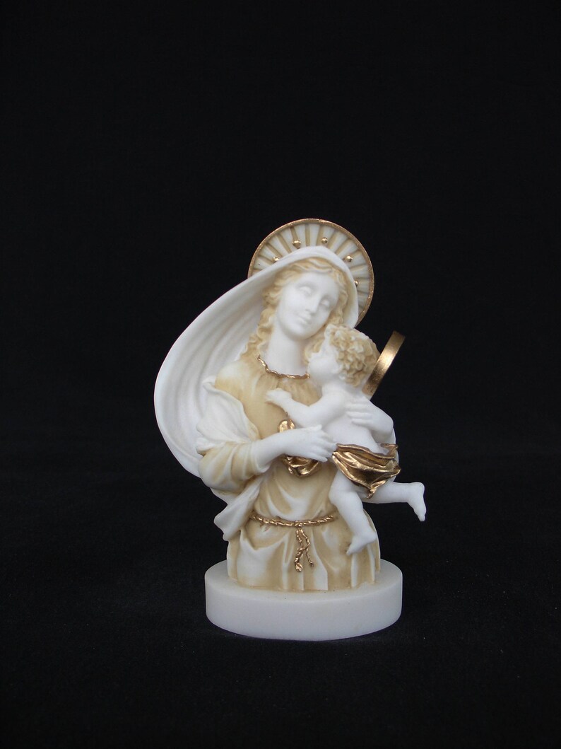 Virgin Mary baby Jesus statue made of Alabaster 15cm gold image 1