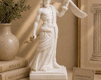 Zeus segurando uma águia e um trovão, feito de alabastro, 20 cm, branco