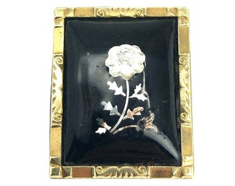 Victorian Black Enamel Mourning Pin w Inlaid Silver Rose | Gold Filled Brooch | 1880s-1900s