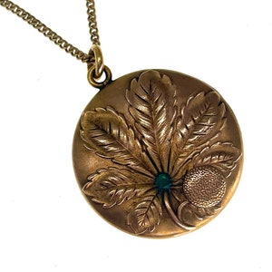 Antique Art Nouveau Locket w Natural Emerald | 12K GF - Floral Embossed | Matte Finish | 1910s | 18" Long