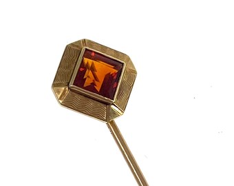 Art Deco Madeira Citrine & 14K Gold Stick Pin | Cravat Pin | Solid 14K Yellow Gold | November Birthstone