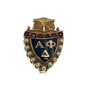 May include: Gold-toned fraternity pin with a black enamel shield featuring the letters "AΦΔ" surrounded by white pearls and red gemstones. An owl sits atop the shield.