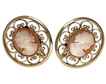 Large Victorian Revival Carved Shell Cameo & Filigree Clip Earrings | 12K Gold Filled