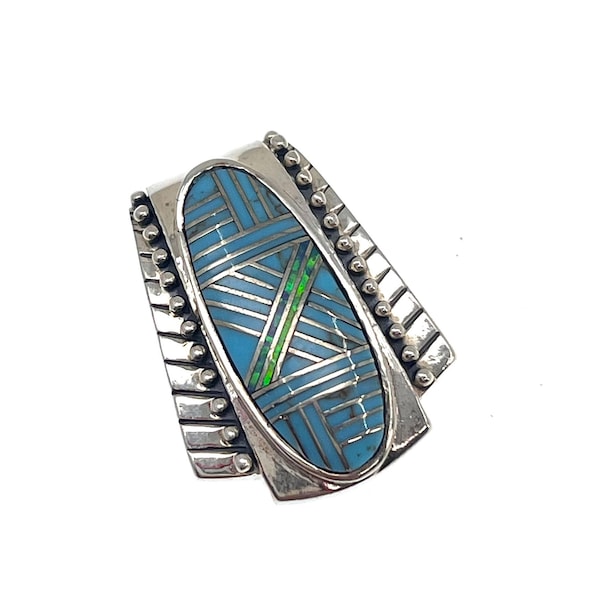 Zuni Sterling Silver, Turquoise & Opal Inlay Slide Pendant | Hand Crafted | Intricate inlay work