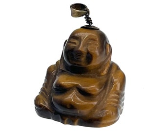 Antique Carved Stone 3D Buddha Pendant Tigers Eye w Gilt Silver | 1930s Export Piece | Unique Gift