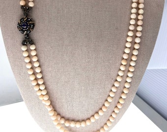 Antique Angel Skin Coral w 18K Gold, Sapphire & Silver Bead Necklace | Double Strand | 24"