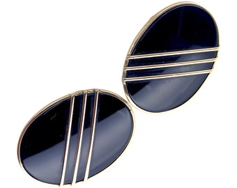 14k Gold & Black Onyx Oval Disc Earrings | Iconic 1980s Geometric Stripe | Disc Studs | Large Oval Onyx Earrings