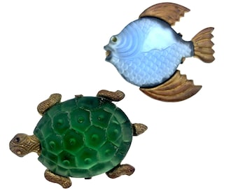 Antique Frosted Molded Glass Turtle &  Fish Brooch 1930s | Mirror Backed Molded Glass | European