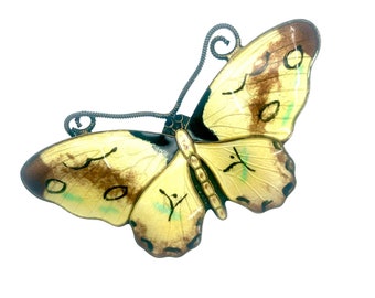 Large Vintage Norwegian Enamel Butterfly Brooch | Sterling Silver | Yellow Hand Painted Guilloche Enamel | Signed
