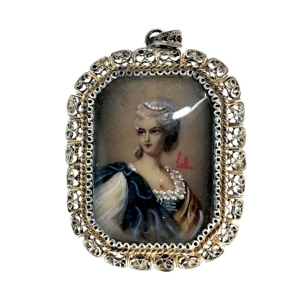 Vintage Italian Miniature Portrait Pendant | French Georgian Style | Solid 800 Silver Gilt Filigree Frame