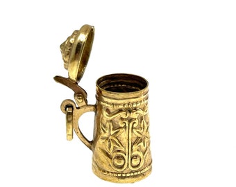 Vintage 8k Gold 3D Beer Stein Tankard Pendant Charm | Solid Gold - Opens At Top | GF Chain Included