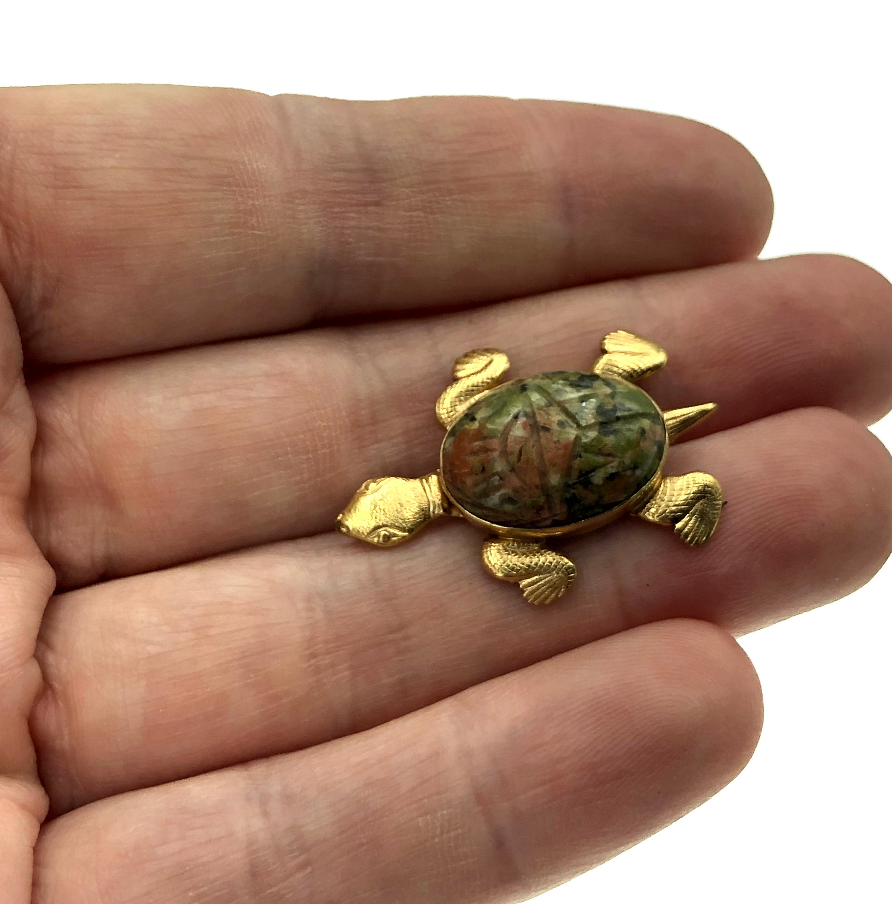 Vintage Unakite Scarab & 12K Gold Filled Turtle Brooch by