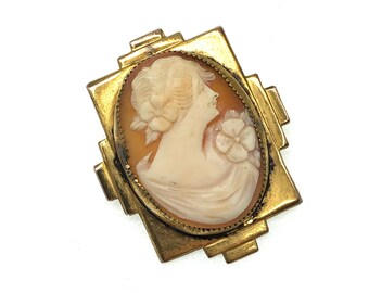 Antique Art Deco Cameo Brooch 12K Gold Filled | Natural Carved Shell | Unique Art Deco Tiered Setting