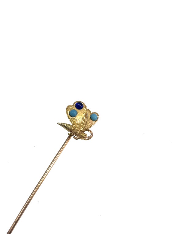 Antique 14K Gold Butterfly Stick Pin with Turquois