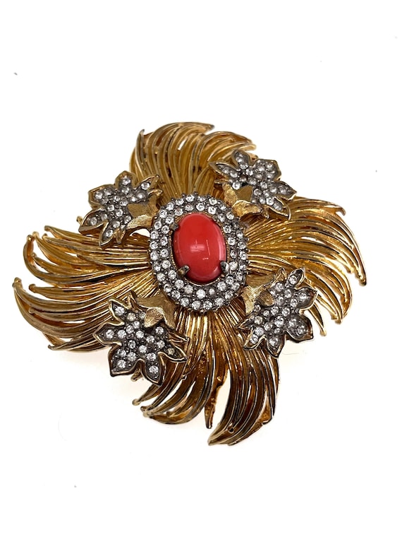 Large Iconic Kenneth Jay Lane Coral & Rhinestone Floral Sunburst Brooch K.J.L 1960s