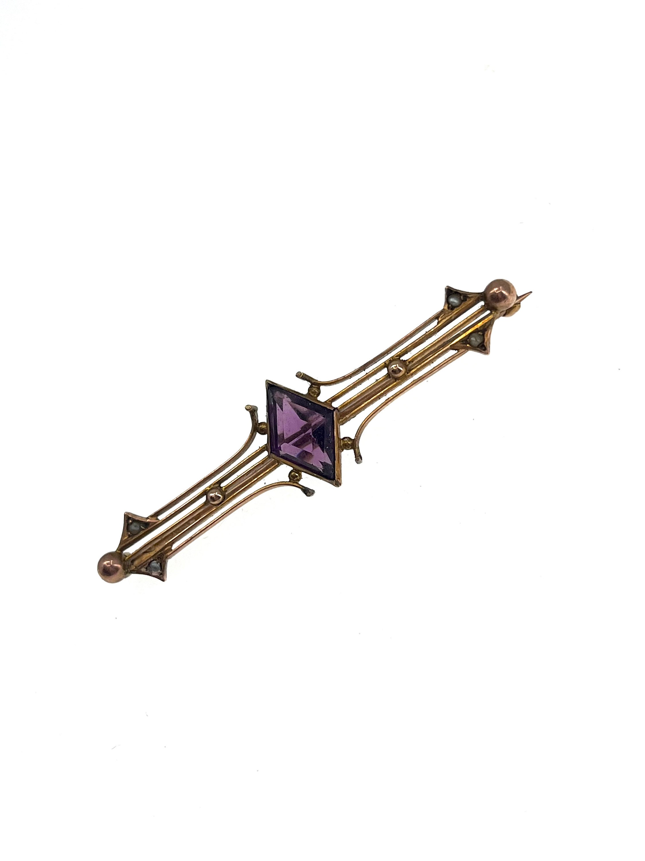 Art Deco 10k Gold Amethyst & Pearl Bar Pin Brooch | Yellow and Rose Gold | 1920s