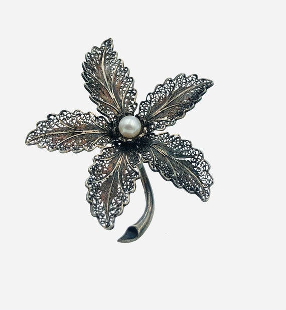 Vintage Sterling Silver  & Pearl  Filigree Flower… - image 1