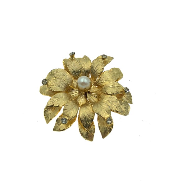 12k G.F. Layered 3D Flower Brooch Cultured Pearl … - image 1