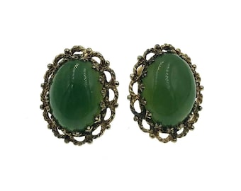 Vintage Gilt Sterling Silver & Nephrite Jade Screw Clip Earrings - 1950s