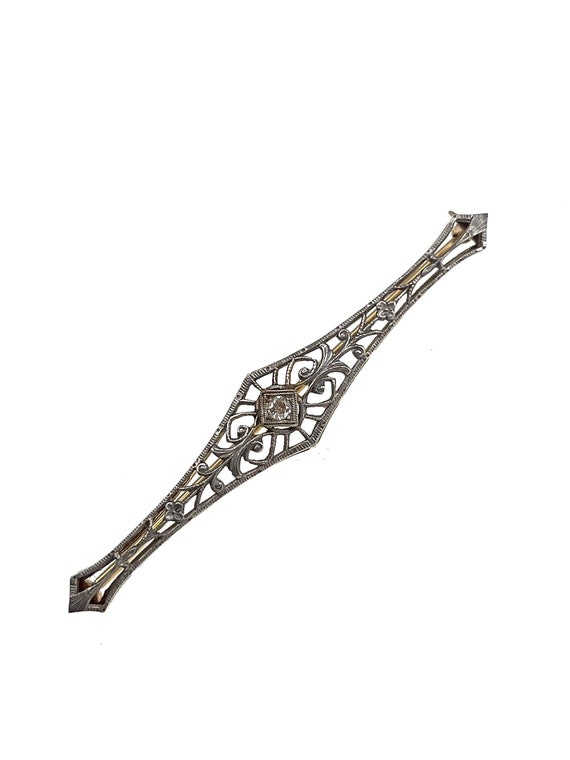 Antique Art Deco Diamond & 14K Gold Filigree Bar … - image 1