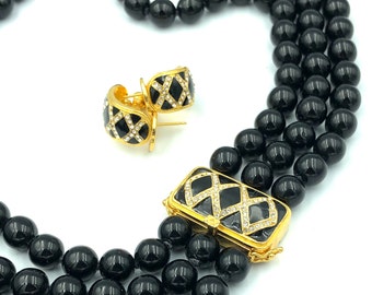 MMA Art Deco Black Glass Bead Necklace & Earrings Set
