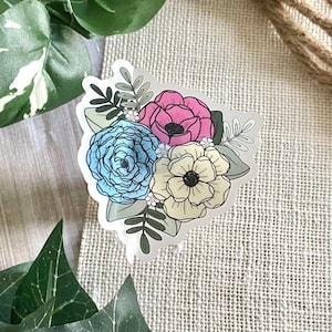 transparent floral pansexuel | 2,9 x 3 po. | autocollant fleur | Stickers imperméables | Autocollants Hydroflask | Stickers pour ordinateur portable | Stickers Fierté