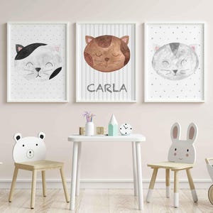 Set of 3 Cat Prints - Personalized Prints with Name - for Children&#39;s Decoration, Original Gifts
