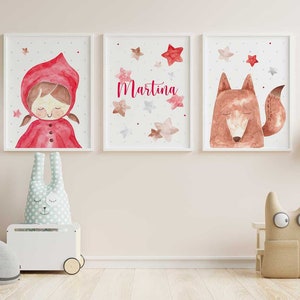 Set de 3 Ilustraciones de Caperucita Roja y el Lobo, láminas personalizadas con nombre para decoración infantil, Caperucita Roja en acuarela