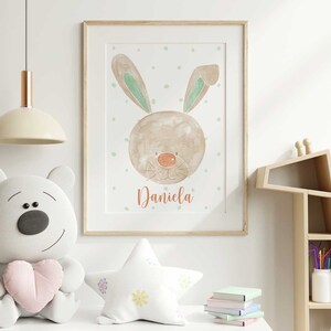 Personalized children&#39;s print, rabbit with child&#39;s name for children&#39;s room decoration, watercolor.