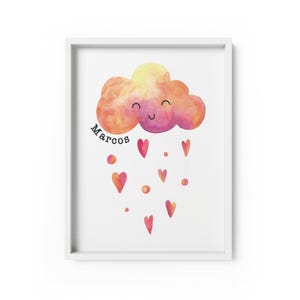 CLOUD WITH HEARTS print, personalized watercolor, children&#39;s decoration, children&#39;s room - text with name, raindrops heart, girls