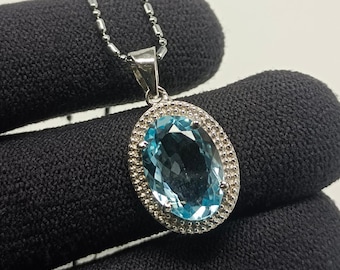 Swiss Blue Topaz Pendant Necklace, Handmade Silver Pendant Necklace, 925 Sterling Silver Pendant, Gemstone Pendant, Blue Topaz For Gift