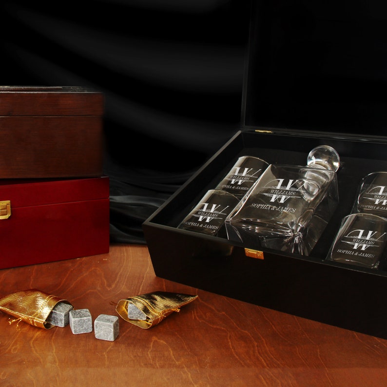 Personalized Whiskey Decanter Set With Engraved Wooden Box Etsy