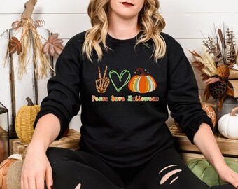 Peace Love Halloween Sweatshirt Hippie Retro Halloween Pullover 70er Jahre Stil Gruseliges Sweatshirt Lehrer Halloween Shirt Herbst Rundhalsausschnitt