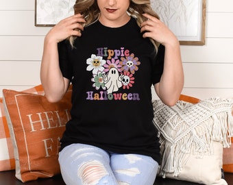 Hippie Halloween TShirt Retro Vintage 70er Jahre Stil Halloween Shirt Gruselig Jahreszeit Lehrer Halloween Herbst Rundhals T-Shirt Groovy Halloween
