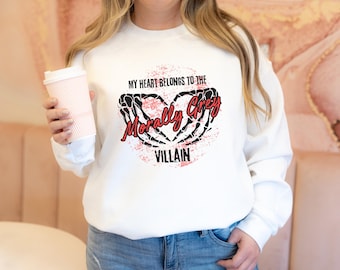 Graues Bösewicht Herz Sweatshirt, Buch Liebhaber Dark Romance Rundhalsausschnitt, Skelett Hände Herz, Gemütlicher Pullover, Bösewicht Liebhaber, Booktok Merch